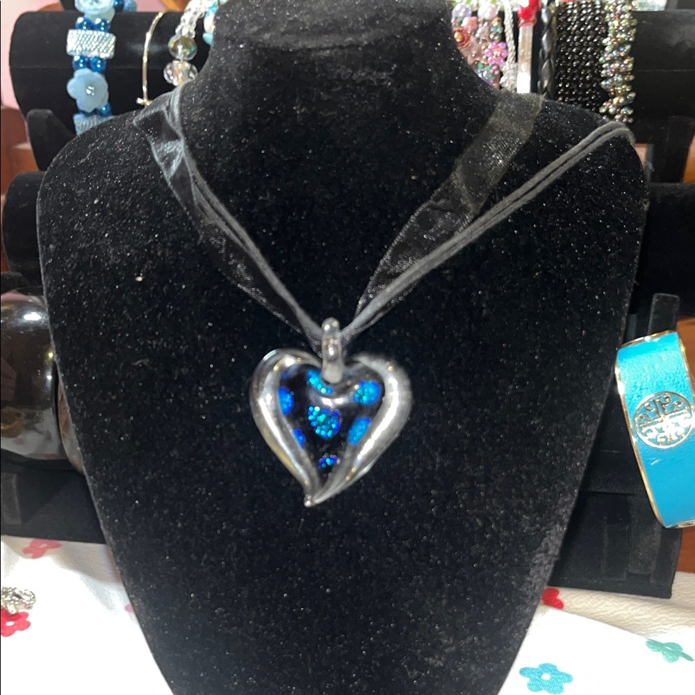 Blue Glass Heart Pendant Necklace